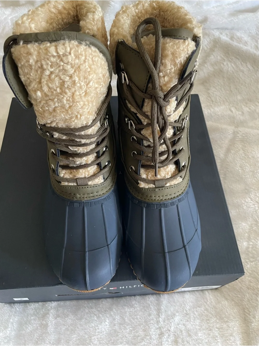 Tommy Hilfiger Olive & Navy Shearling-Trim Waterproof Duck Boots